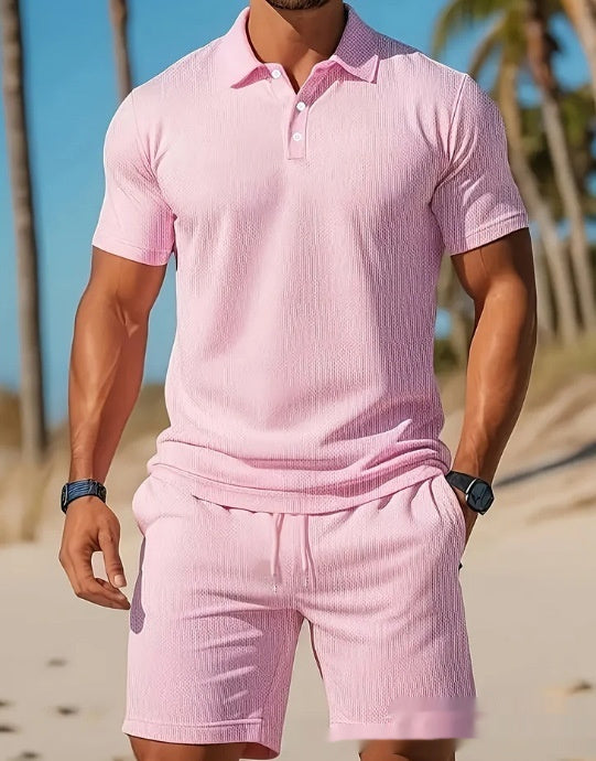 Men's Casual Beach Mesh Lapel Set Summer Comfortable Breathable Loose Solid-Color Sports Short-Sleeved Shirt And Shorts Set