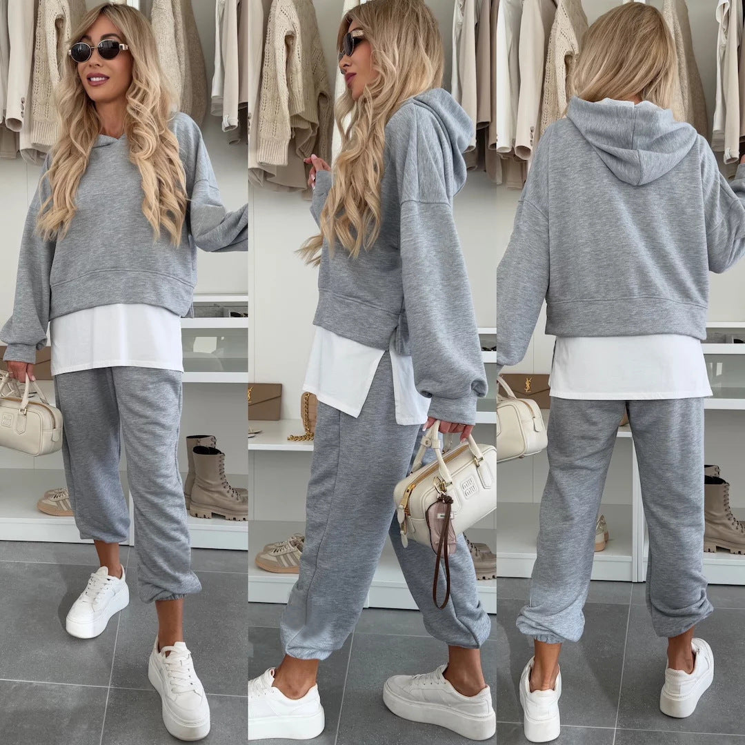Hooded Sweatshirt Suit Loose Long Sleeve False Two-piece Tops And Jogger Sports Trousers Casual Spots Set For Women's Clothing