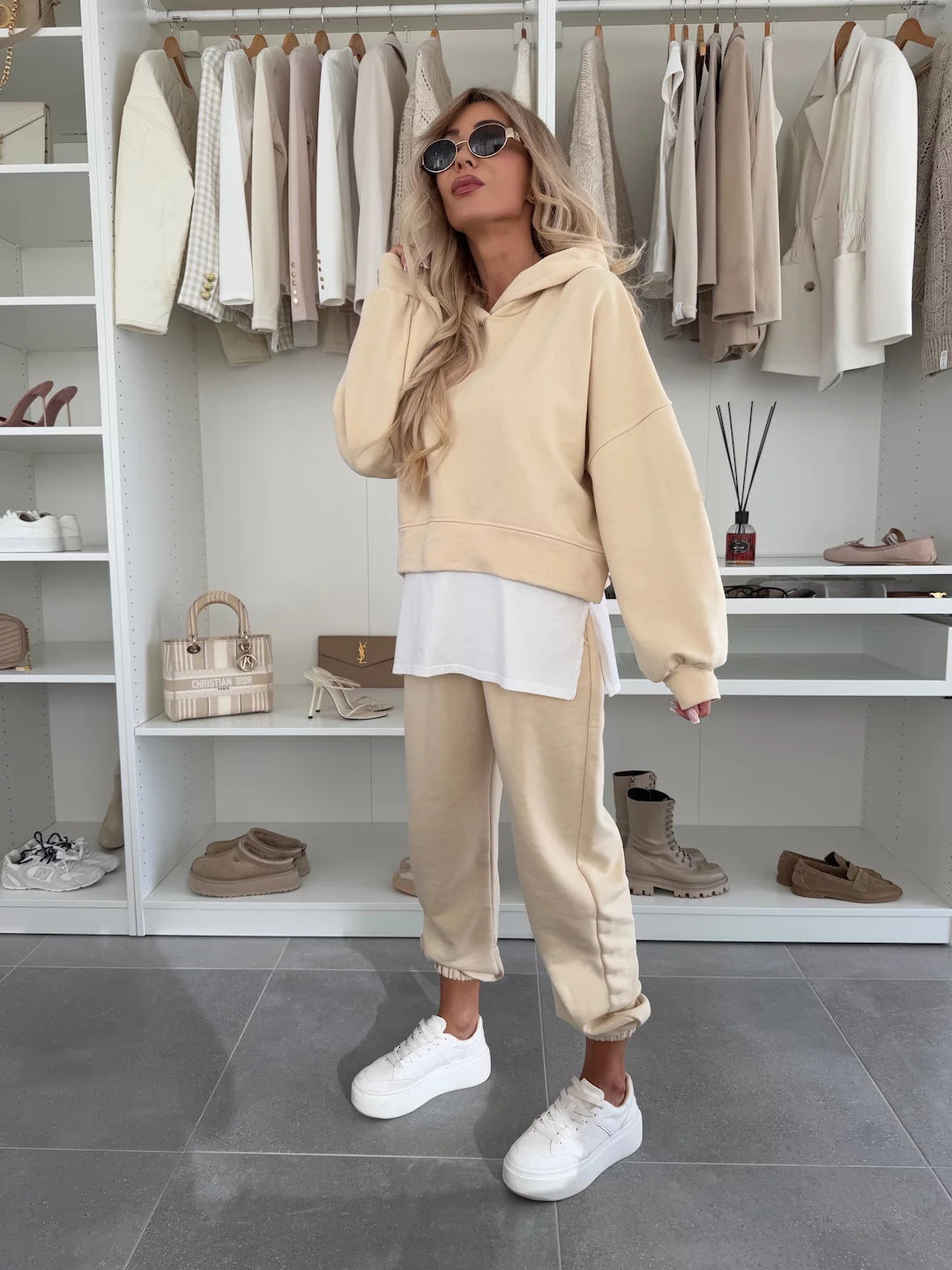 Hooded Sweatshirt Suit Loose Long Sleeve False Two-piece Tops And Jogger Sports Trousers Casual Spots Set For Women's Clothing