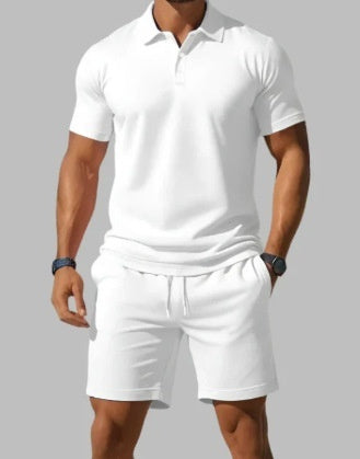 Men's Casual Beach Mesh Lapel Set Summer Comfortable Breathable Loose Solid-Color Sports Short-Sleeved Shirt And Shorts Set