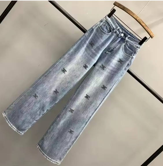 Pantalones vaqueros anchos con bordado de letras y diamantes para mujer