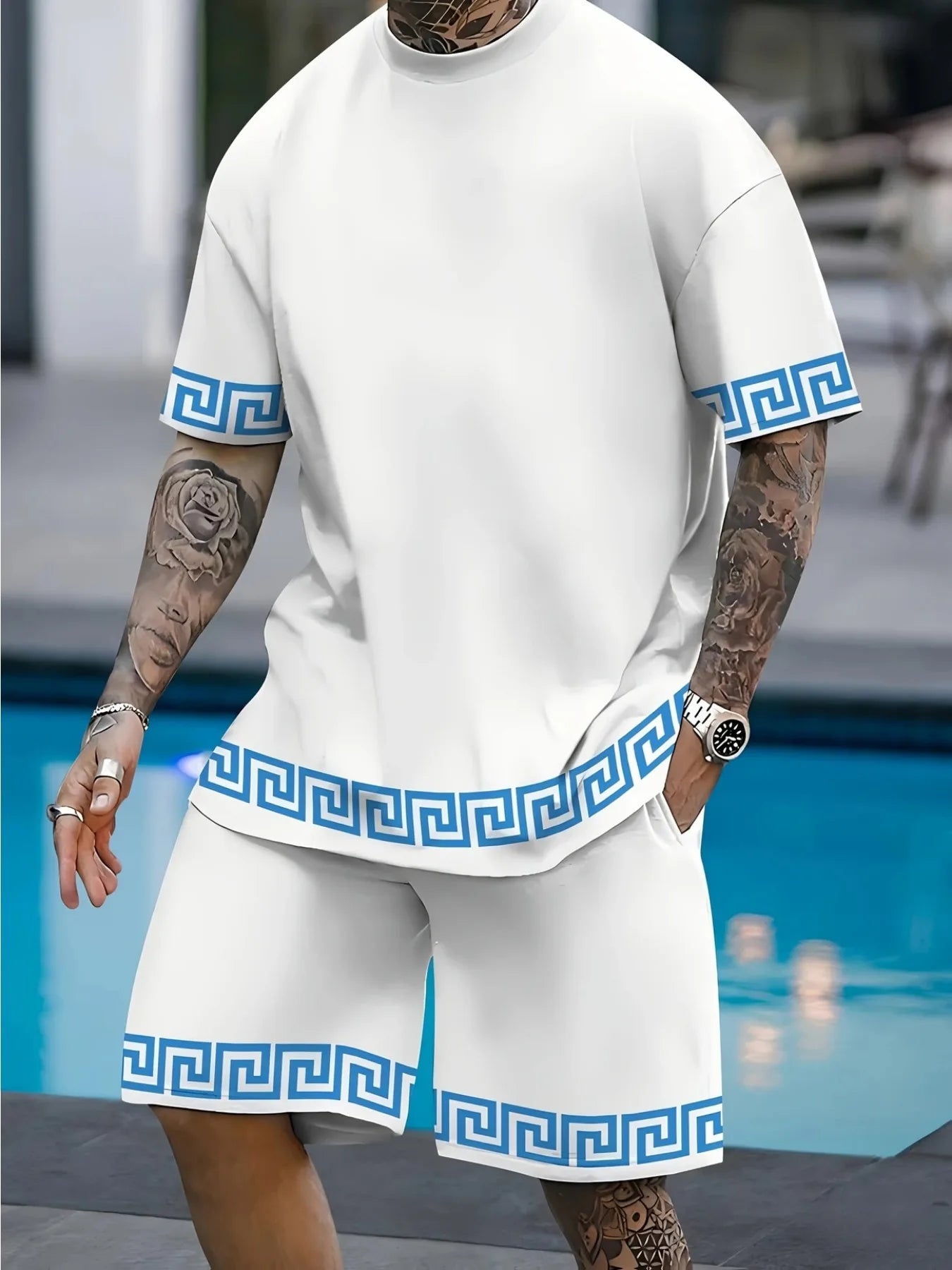 Conjunto de camiseta y pantalones cortos informales Vintage para hombre, camisetas de manga corta con estampado de letras a rayas, pantalones cortos de cintura elástica, pantalones de playa con bolsillo