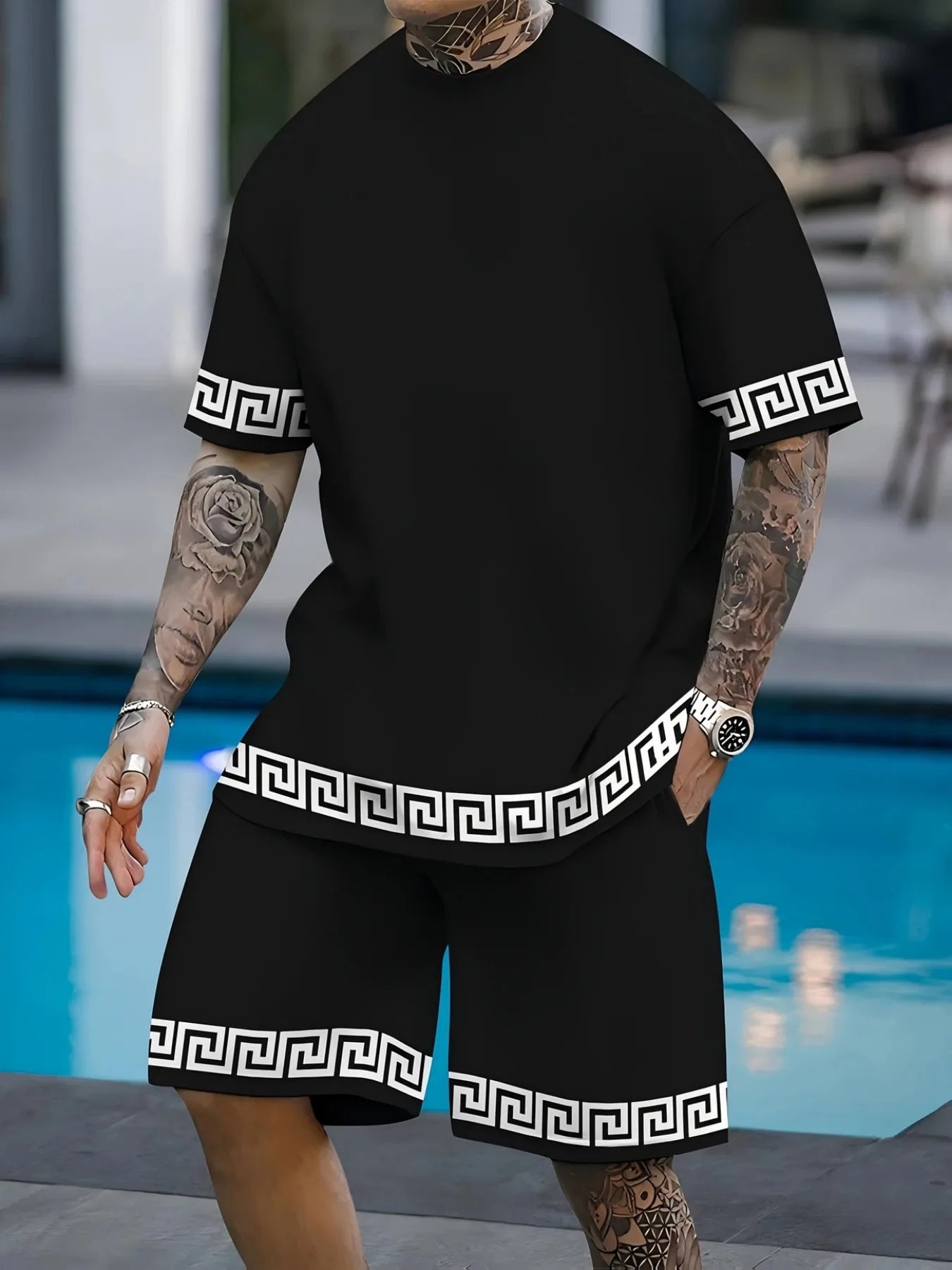 Conjunto de camiseta y pantalones cortos informales Vintage para hombre, camisetas de manga corta con estampado de letras a rayas, pantalones cortos de cintura elástica, pantalones de playa con bolsillo