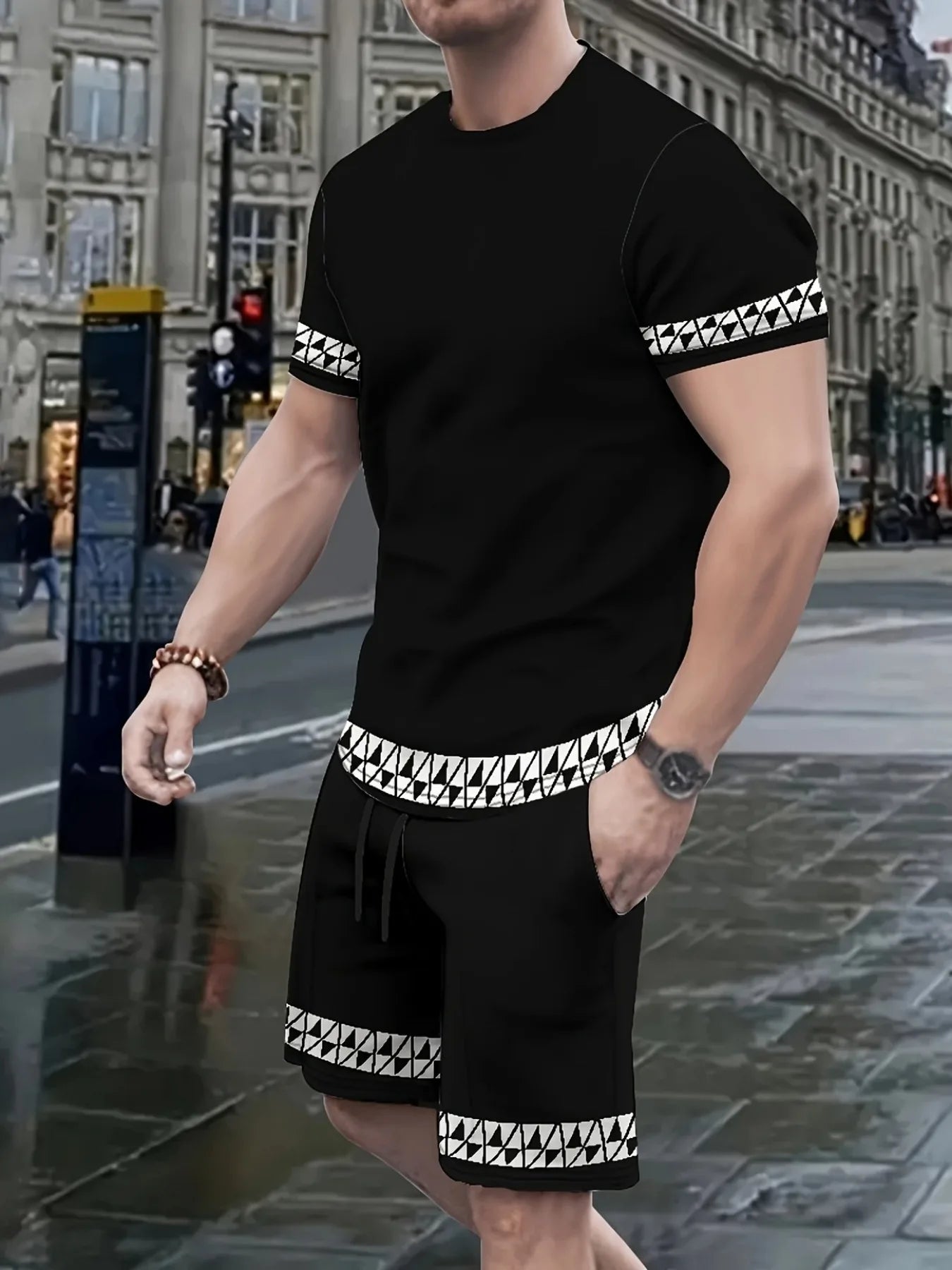 Conjunto de camiseta y pantalones cortos informales Vintage para hombre, camisetas de manga corta con estampado de letras a rayas, pantalones cortos de cintura elástica, pantalones de playa con bolsillo