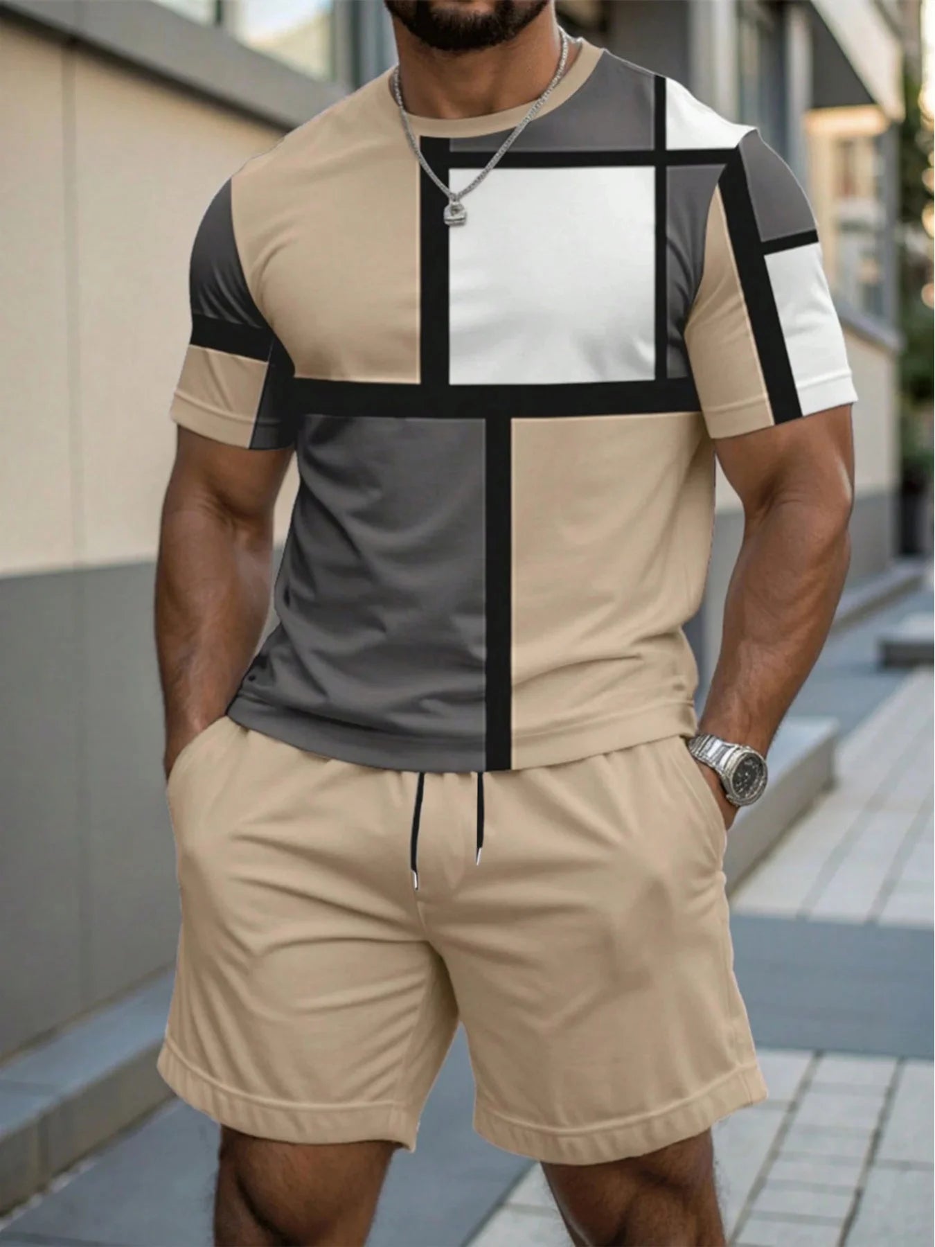 Conjunto de camiseta y pantalones cortos informales Vintage para hombre, camisetas de manga corta con estampado de letras a rayas, pantalones cortos de cintura elástica, pantalones de playa con bolsillo