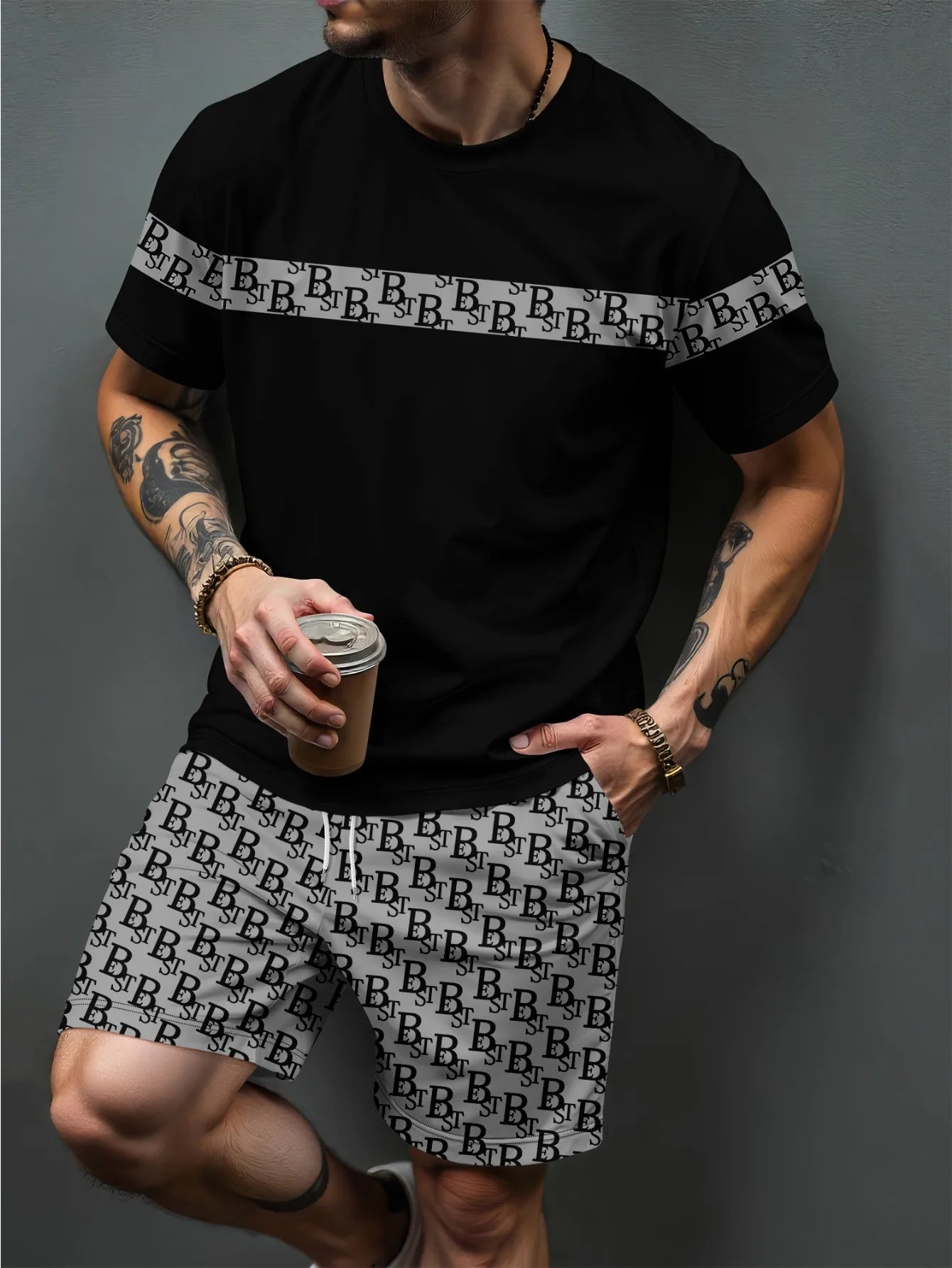 Conjunto de camiseta y pantalones cortos informales Vintage para hombre, camisetas de manga corta con estampado de letras a rayas, pantalones cortos de cintura elástica, pantalones de playa con bolsillo