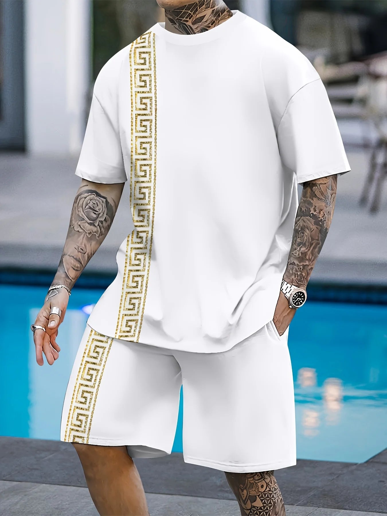 Conjunto de camiseta y pantalones cortos informales Vintage para hombre, camisetas de manga corta con estampado de letras a rayas, pantalones cortos de cintura elástica, pantalones de playa con bolsillo