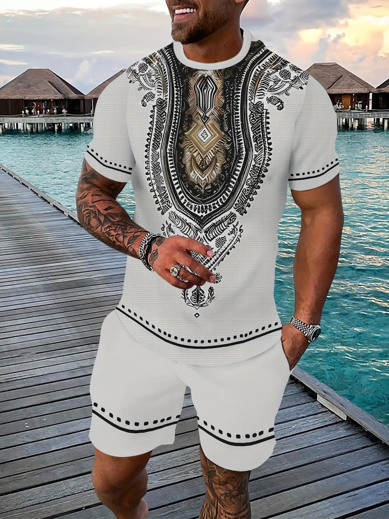 Conjunto de camiseta y pantalones cortos informales Vintage para hombre, camisetas de manga corta con estampado de letras a rayas, pantalones cortos de cintura elástica, pantalones de playa con bolsillo