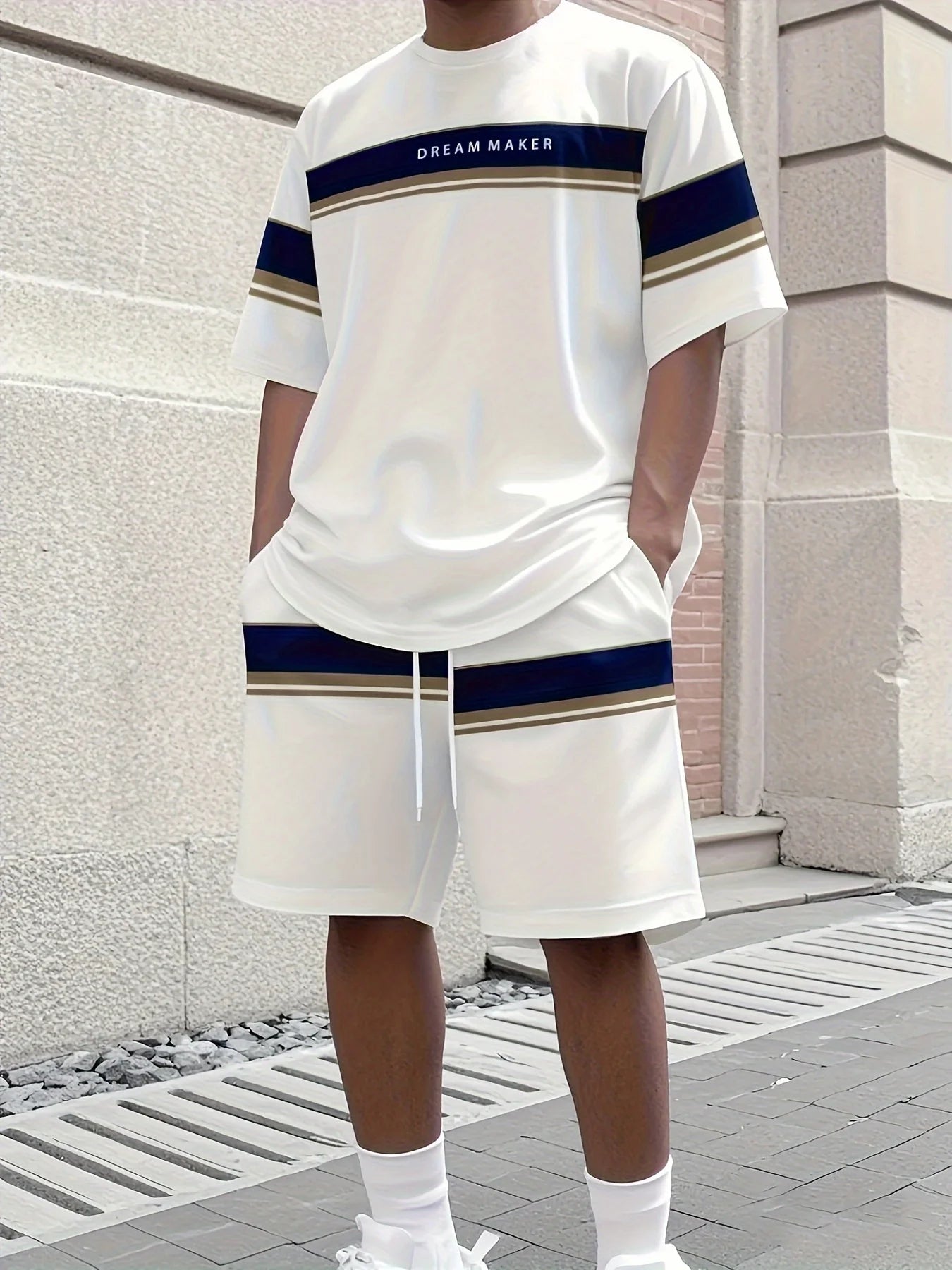 Conjunto de camiseta y pantalones cortos informales Vintage para hombre, camisetas de manga corta con estampado de letras a rayas, pantalones cortos de cintura elástica, pantalones de playa con bolsillo