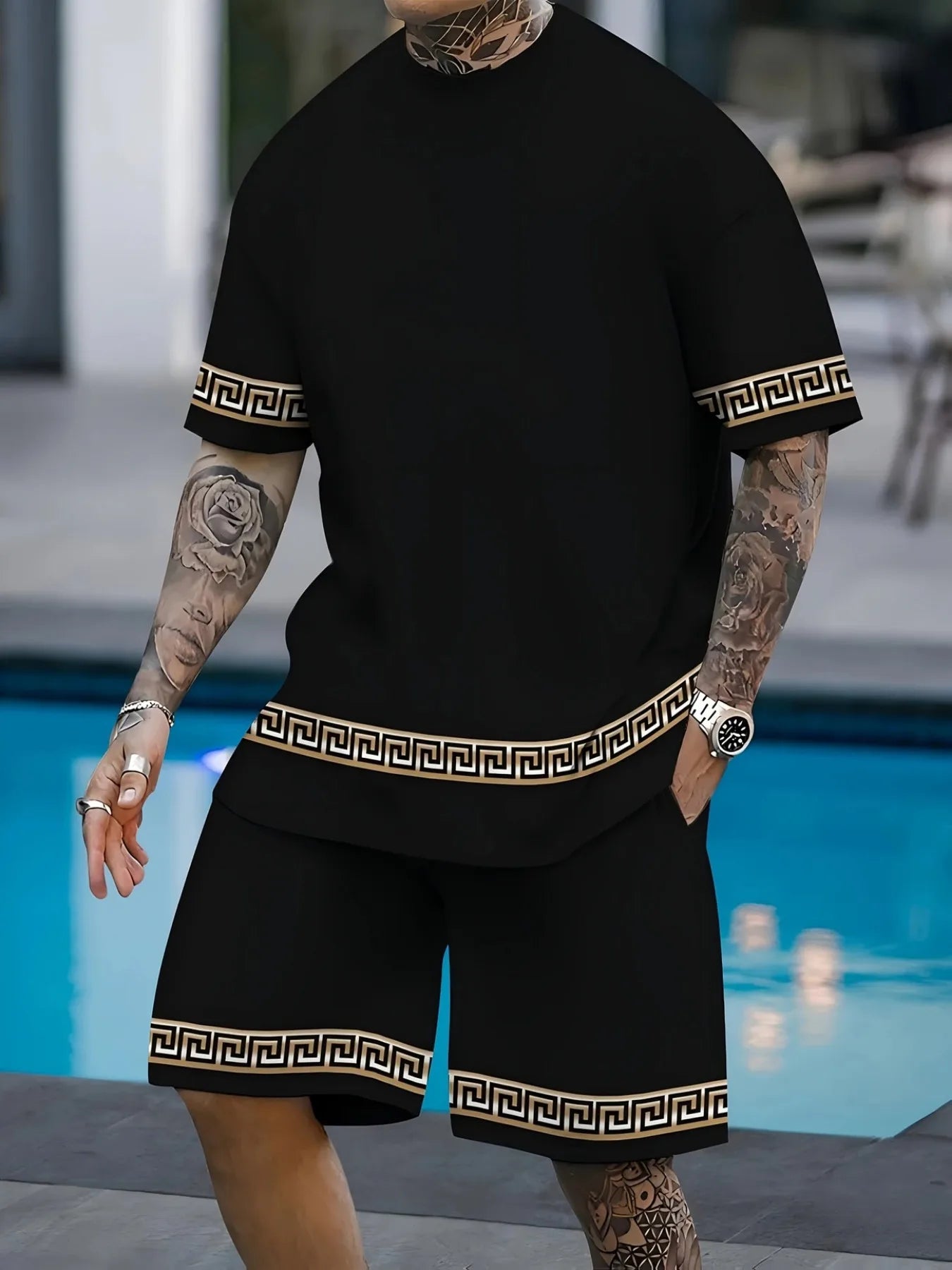 Conjunto de camiseta y pantalones cortos informales Vintage para hombre, camisetas de manga corta con estampado de letras a rayas, pantalones cortos de cintura elástica, pantalones de playa con bolsillo