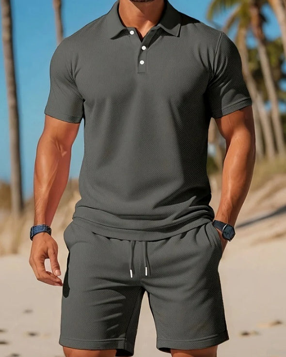 Men's Casual Beach Mesh Lapel Set Summer Comfortable Breathable Loose Solid-Color Sports Short-Sleeved Shirt And Shorts Set