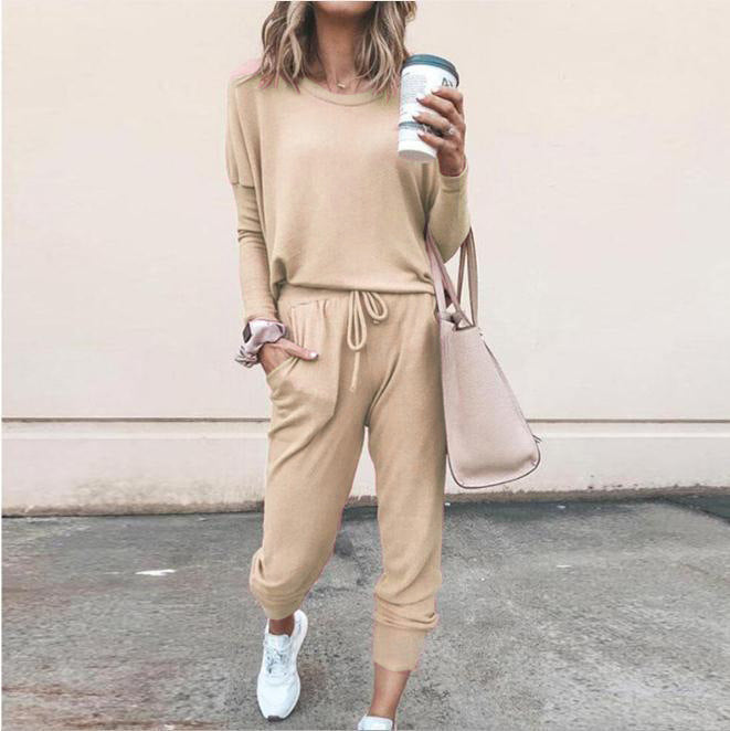 Women's Long Sleeve Suit Fashion Pullover Top And Pockets Drawstring Long Pants Solid Color Casual Sports Trouser Suit Clothing