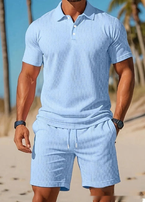Men's Casual Beach Mesh Lapel Set Summer Comfortable Breathable Loose Solid-Color Sports Short-Sleeved Shirt And Shorts Set