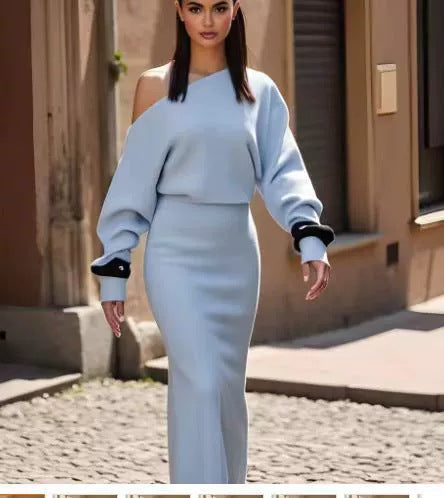 Ins Slim Vestido de punto de manga larga Fiesta de noche Sexy fuera del hombro Bodycon Vestidos largos