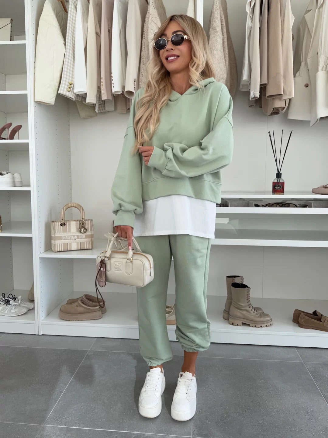 Hooded Sweatshirt Suit Loose Long Sleeve False Two-piece Tops And Jogger Sports Trousers Casual Spots Set For Women's Clothing