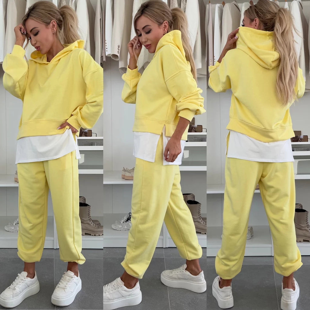 Hooded Sweatshirt Suit Loose Long Sleeve False Two-piece Tops And Jogger Sports Trousers Casual Spots Set For Women's Clothing